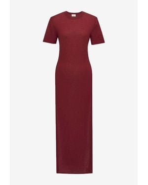 Saint Laurent Wool Knit Maxi T-Shirt Dress With High-Slit - Red