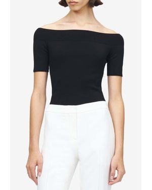 McQueen Off-Shoulder Cropped Knit Top - Blue