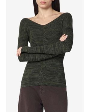 6397 V-Neck Ribbed Knit Sweater - Black
