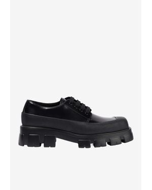 Prada Monolith Brushed Leather Lace-Up Shoes - Black