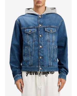 Palm Angels Curved Logo Denim Jacket With Hood - Blue