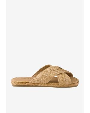 Prada Triangle Logo Raffia Slides - Natural