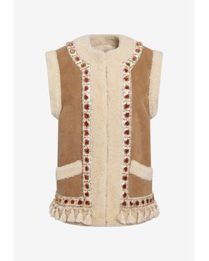 Valentino Embellished Shearling And Suede Vest - Natural