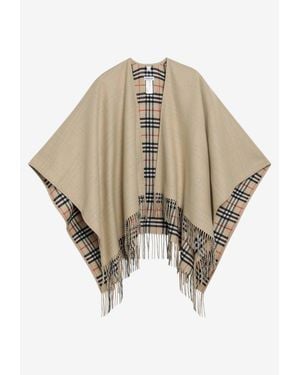 Burberry Reversible Wool Check Fringed Cape - Natural