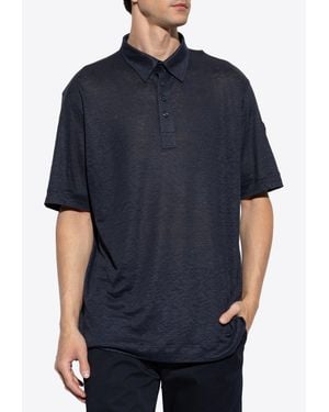 Moncler Logo Patch Linen Polo T-Shirt - Blue