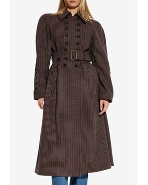 Chloé Houndstooth Wool Long Belted Coat - Brown