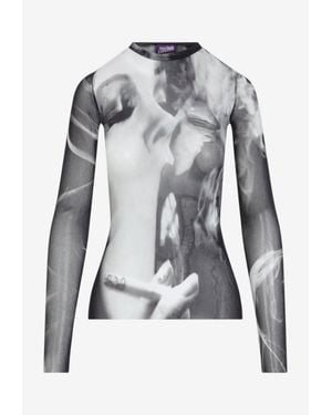 Jean Paul Gaultier Smoking Print Sheer Mesh Top - Gray
