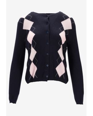 LA ROSE Intarsia Knit Argyle Cardigan - Blue