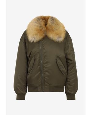 Saint Laurent Zip-Up Bomber Jacket With Fur Collar - Green