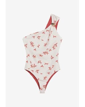 Fendi One-Shoulder Coral Print One-Piece Swimsuit - White
