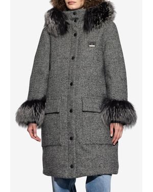 Dolce & Gabbana Logo Plaque Herringbone Wool Coat With Hood - Grey