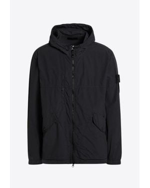 Stone Island Logo Patch Zip-Up Windbreaker Jacket - Black