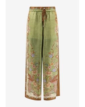 Zimmermann Indra Floral Print Wide-Leg Silk Pants - Green