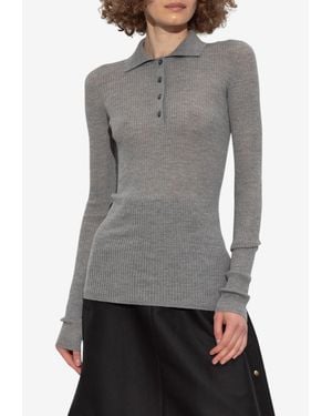 Moncler Ribbed Knit Polo T-Shirt - Grey