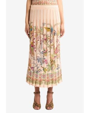 Etro Place Flora And Fauna Print Pleated Midi Skirt - Natural
