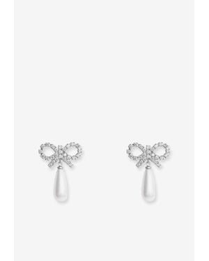 Self-Portrait Bow-Shaped Embellished Pearl Drop Earrings - Metallic