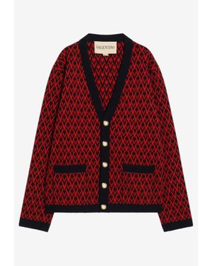 Valentino Toute La V Jacquard Wool Cardigan - Red