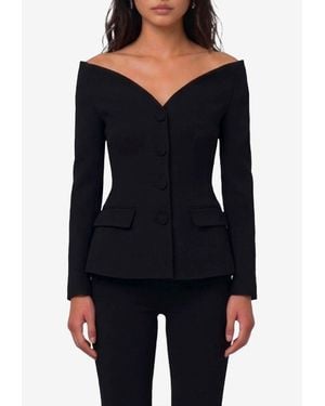 Self-Portrait Off-Shoulder Wool Crepe Jacket - Black