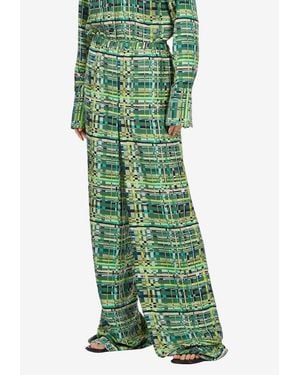 Ferragamo Check-Print Silk Palazzo Pants - Green