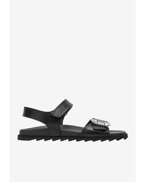 Roger Vivier Crystal Buckle Leather Rubber Slides - White