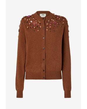 Fendi Embellished Wool-Blend Cardigan - Brown