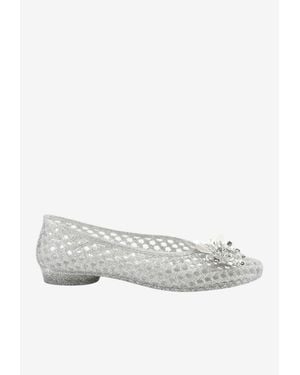 HEAVENLY JELLY Floral Glittered Ballet Flats - White