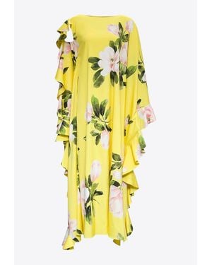 Valentino Floral Print Ruffled Midi Silk Dress - Yellow