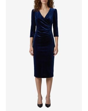 SUTTON NEW YORK Draped V-Neck Midi Velvet Dress - Blue