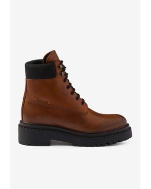 Prada Leather Lace-Up Ankle Boots - Brown
