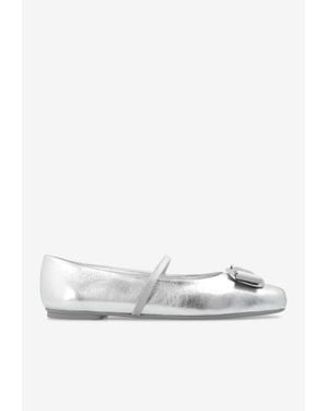 Ferragamo Zina Metallic Leather Ballet Flats With Bow - White