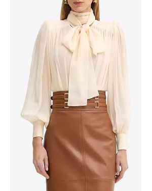 Elisabetta Franchi Silk Bodysuit Blouse With Scarf - Natural