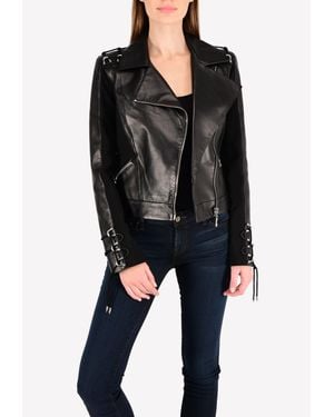 Mugler Leather Biker Jacket With Stretch-knit Panels And Lace-up Trims - Black