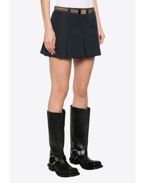 Miu Miu Pleated Mini Skirt With Embroidered-Logo - Blue