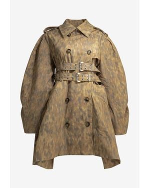 Ganni Animal Print Double-Breasted Trench Coat - Natural