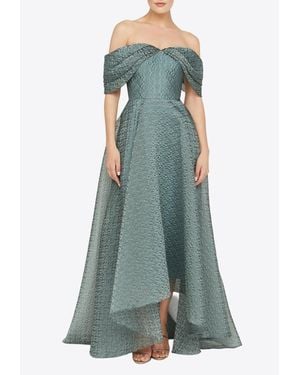 THEIA Elysia Off-Shoulder Jacquard Gown - Green