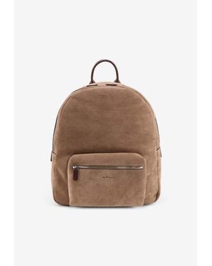 Kiton Embossed Logo Suede Backpack - Brown