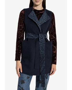 Etro Belted Wool Long Waistcoat Vest - Blue