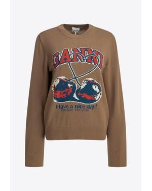 Ganni Intarsia Knit Cherry Wool Sweater - White
