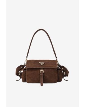 Prada Medium Explore Suede Shoulder Bag - Brown