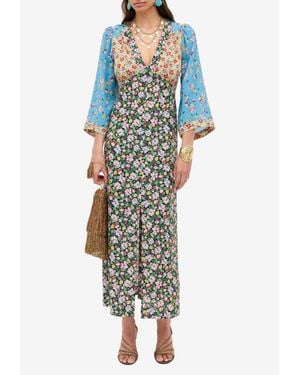 RIXO London Dahlia Floral Silk Midi Dress - Blue