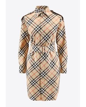 Burberry Vintage Check High-Neck Belted Dress - Natural