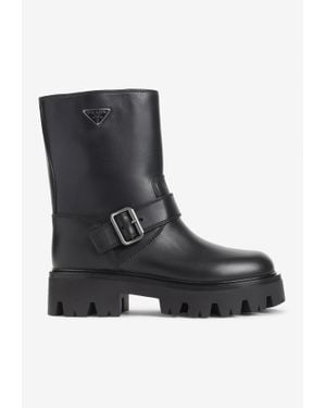 Prada Triangle-Logo Leather Lug Boots - Black