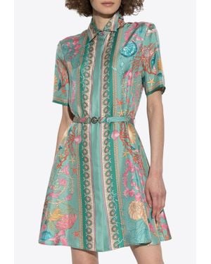 Versace Underwater Barocco Silk Mini Shirt Dress - Green