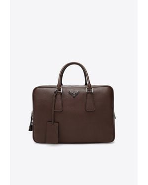 Prada Triangle Logo Leather Briefcase - Brown