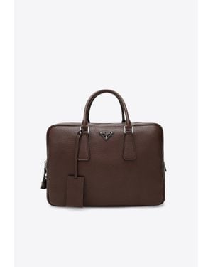 Prada Triangle Logo Leather Briefcase - Brown