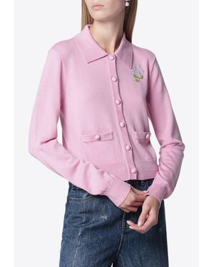 Self-Portrait Flower Embroidered Knit Cardigan - Pink