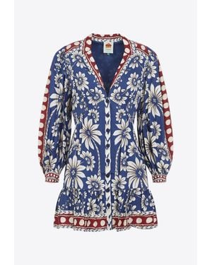FARM Rio Luna Floral Print V-Neck Mini Dress - Blue