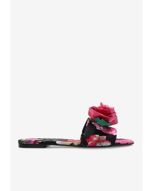 Dolce & Gabbana Bianca Floral Applique Brocade Flat Sandals - White