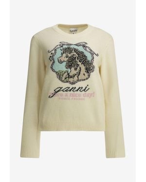 Ganni Intarsia Knit Horses Sweater - White