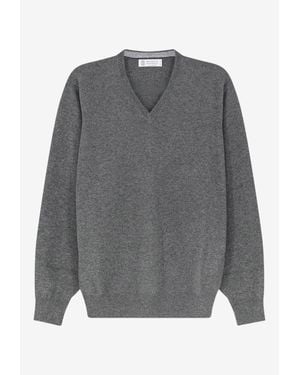Brunello Cucinelli Knitted Cashmere V-Neck Sweater - Grey